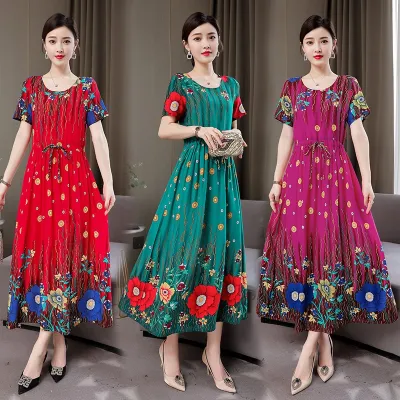 [COD] New silk dress womens plus size fashion summer ethnic style suitable for fifty-somethings