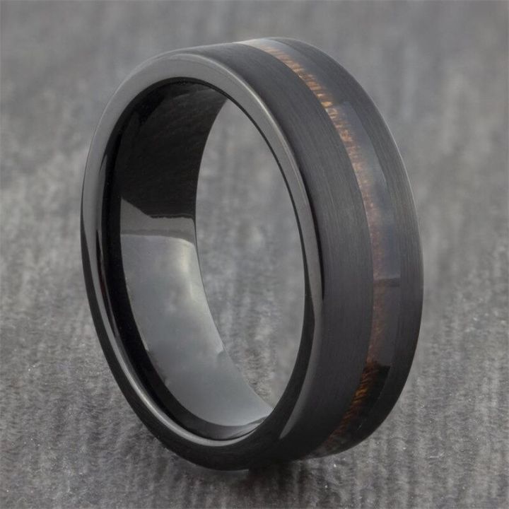 แหวนไททาเนียมคุณภาพสูงสำหรับผู้ชายพื้นผิวแหวนสีดำบริสุทธิ์มีพื้นผิวไม้ยาวสแตนเลสวงแหวนสามารถ-men39ได้สไตล์-s