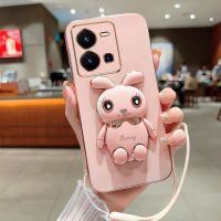 Cute Cartoon Rabbit Fold Stand For VIVO Y35 4G Phone Case With Lanyard Luxury Plating Cover