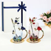 Fancy Teacups Glass Tea Cup Enamel Pretty Coffee Mug with Lid Handle Spoons Butterfly Flower Women Gift Box