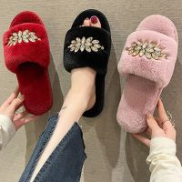 Fashion Crystal Flower Design Women Home Flat Slippers Solid Color Open Toe Home Fur Warm Non-slip Leisure Interior Woman Shoes