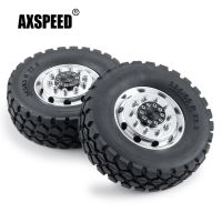 AXSPEED 2Pcs Metal Front Wheel Hub Rims 2Pcs 30mm Width Black Rubber Tires for Tamiya 1/14 RC Trailer Tractor Truck 6x6 Parts