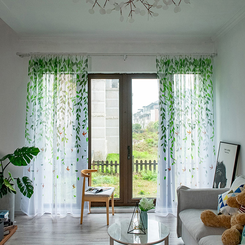 Living Room Leaf Birds Printed Drapes Bedroom Pastoral Fresh Sheer Curtain PVCA 