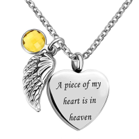 Angel Wing Charm Heart Love 12 Colors Crystal Urn Necklace for Ashes Cremation Jewelry Pendant-A Piece of My Heart is in Heaven