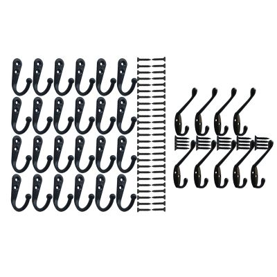 2 Set Coat Hooks Wall Mounted Robe Hook Single Coat Hanger No Scratch and Black with 70 Pieces Screws
