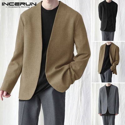 Beehoo  Mens Long Sleeve Collarless Henley Blazer Cardigan Open Front Coat Thin Jackets