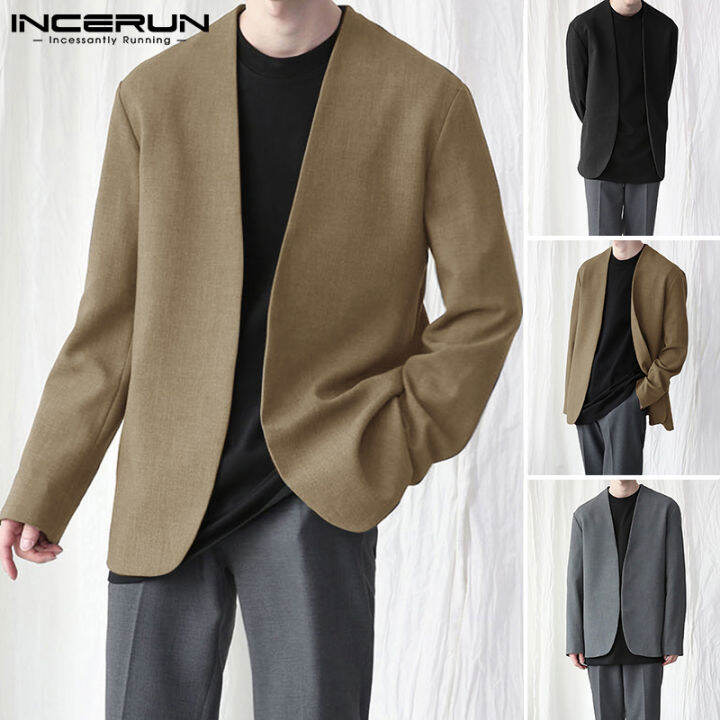 Beehoo INCERUN Mens Long Sleeve Collarless Henley Blazer Cardigan Open
