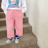 2022 Korean Style New Spring Kids Girl Pants Loose Wide Leg Elastic Waist Pink Purple Plaid Trousers Children Clothes E2024