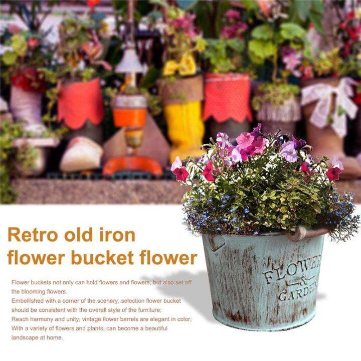 Country retro old metal flower bucket flower creative home desktop decoration metal craft iron