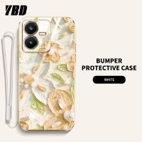 YBDดอกไม้ไข่มุกเคสสำหรับ Vivo Y22S Y22 Y02S Y16 Y35 2022 4G Y77 5G Y77E Y77e (t1) ดีไซน์ใหม่เคสนิ่มลวดลายภาพวาดสีน้ำมันกันกระแทกพร้อมฟรีสายคล้อง