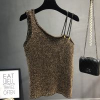 sexy irregular shoulder women tanks tops lady bling bling gold tanks femme irregular camisole tops