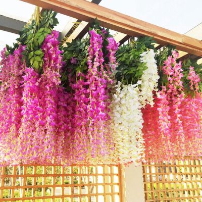[AYIQ Flower Shop] 12ชิ้นของตกแต่งดอกไม้ประดิษฐ์หวายดอกไม้ผ้าไหมวิสทีเรียปลอมแขวนองุ่นเป็นพวงสำหรับการตกแต่งบ้านปาร์ตี้