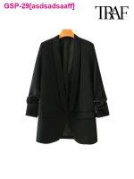 Asdsadsaaff TRAF-Blazer เสือจักรยานภูเขาแขนยาวde Manga Plissada Vintage พารามัลเฮอร์ Roupas Escritório Casaco Preto Básico Casos Feminos