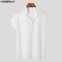 เสื้อผู้ชายแขนสั้นลำลองคอวี Medussa INCERUN Henley Top (สไตล์เกาหลี)