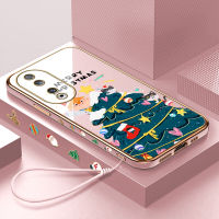 Volans เคสสำหรับ Honor 90 5G 90 Lite 5G ฟรีสายคล้องต้นการ์ตูนคริสต์มาสลายขอบสี่เหลี่ยมเคสโทรศัพท์ชุบหรูหราชุบเคสโทรศัพท์นิ่ม