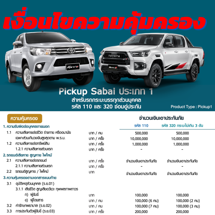 ประกันชั้น-1-ซ่อมอู่-สำหรับรถกระบะส่วนบุคคล-toyota-hilux-hilux-revo-ทุกรุ่น-จากบริษัท-คุ้มภัยโตเกียวมารีน-เบี้ยเริ่มต้นที่-13-500-บาท-อายุรถ-2-15-ปี