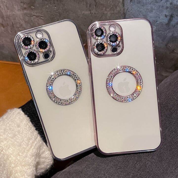 เคสโทรศัพท์โปร่งใสแวววาวหรูหราพลอยเทียมใหม่สำหรับ-iphone-11-12-13-pro-max-x-xr-xs-กันกระแทกเลนส์กล้องถ่ายรูปทองเคสโทรศัพท์ด้านหลัง