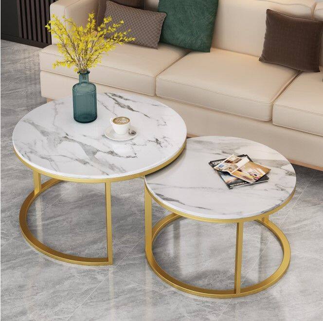 dhomefurniture-โต๊ะกลาง-โต๊ะลายหินอ่อน-coffee-table-โต๊ะข้างโซฟา-โต๊ะกลมกาแฟ-โต๊ะกาแฟ-สไลต์นอร์ดิก-โต๊ะกลมสองชั้น-แยกออกจากกันได้-ลายหินอ่อน