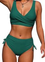 2023 Women Sexy Swimsuit Split Bikini Slim Fit Glossy Seamless Solid Color Nylon/cotton Bra Set Cross Strap High Waist Swimsuit