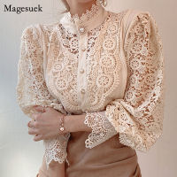 New 2021 Sweet Hollow Out Lace Patchwork Women Blouse Chic Button White Top Petal Sleeve Flower Stand Collar Shirt Blusas 12419