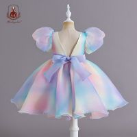 Yoliyolei Rainbow Chiffon Baby Costumes Girls V Back Puffy Sleeve Children Gown Knee Length 1-7 Years Carnival Dress Kids Girl