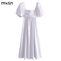 【YF】 2022 Women Summer Fashion White Folds Midi Dress Vintage Square Collar Puff Sleeve Pleated Party Female Casual Dresses Vestidos