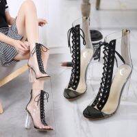 Lace Up Peep Toe Ankle Bootie Perspex Block Heel With Back Zipper Dress Sandals