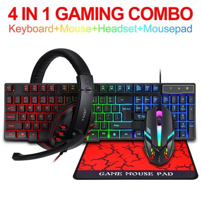 4pcs Gamer Keyboard and Mouse Earphone Set PC Gaming Keyboard RGB Backlit Keyboard Rubber Keycaps Wired Spanish Keyboard Mouse