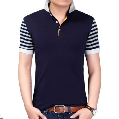 HOT11★BROWON Korean Style Summer New Fashion Men T-shirt Striped Short Sleeve Turn-down Collar Patchwork Design Men Clothing 2023