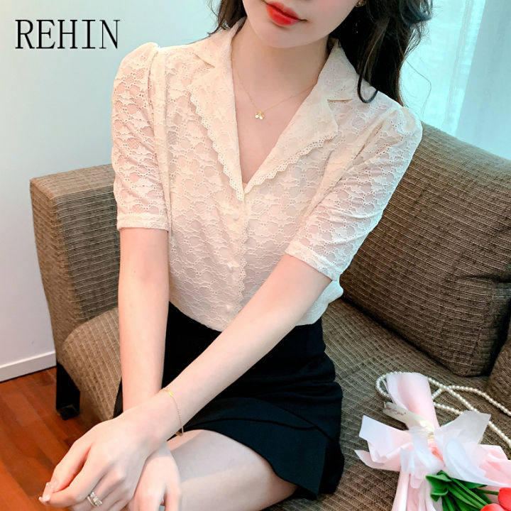 rehin-เสื้อเชิ้ตผู้หญิงแขนสั้นคอวีลูกไม้สวยงาม-เสื้อลูกไม้แฟชั่นสไตล์เกาหลีแบบใหม่ฤดูร้อน