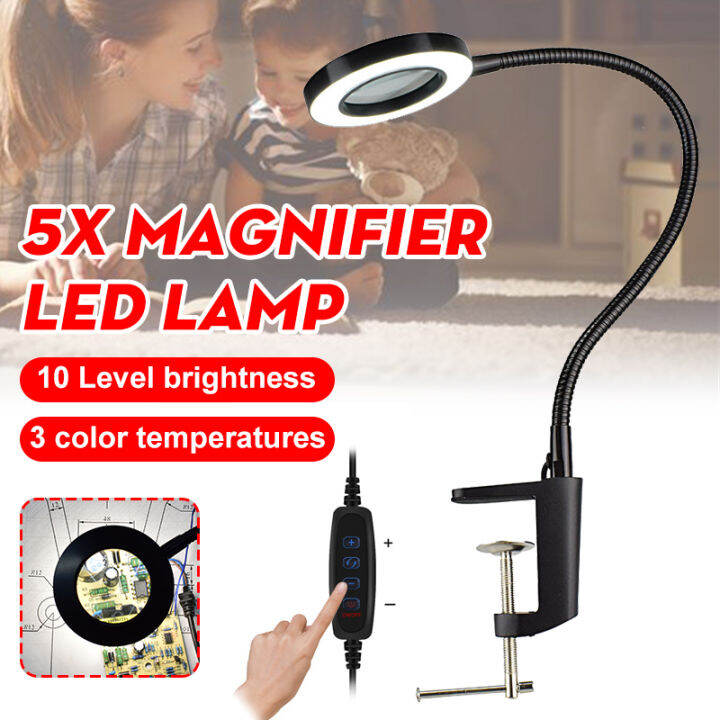 USB 5X Bench Vise Table Clamp Magnifier LED Lights Desk Lamp For