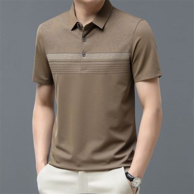 HOT11★BROWON Brand Graphic T Shirts Summer Striped Print Short Sleeved Men T-shirt Business Cal Turn-Down Collar Fashion Men Tees