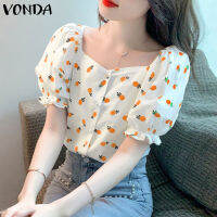 MASHYCHIC VONDA เสื้อพิมพ์ลายแขนพองคอสี่เหลี่ยมสไตล์ผู้หญิง (ลำลองเกาหลี)