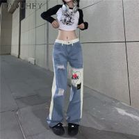 DaDuHey American Style High Waist Slimming and Wide Leg Slimming Ripped Jeans Niche Fashion Hiphop Irregular Design Pants