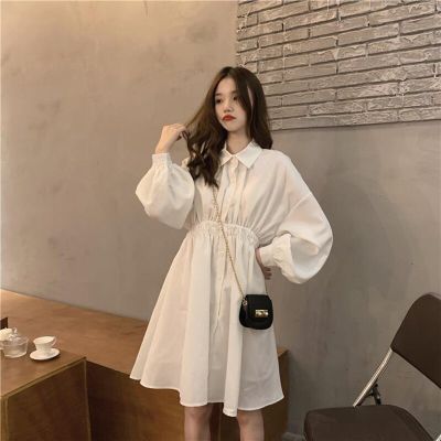 ‘；’ MEXZT Shirt Dress Women Black Lantern Long Sleeve Elastic Waist A Line Mini Dress Preppy Korean Solid Simple Casual Vestidos