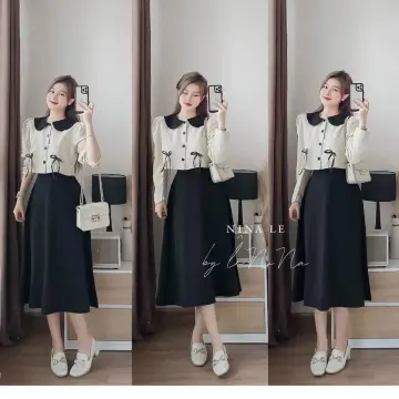 sét áo phông nữ cổ phối màu khuy ngực chân váy dài 961