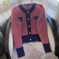 Red Plaid Cardigan Crop Top Fall 2021 Women Cropped Sweater Coat Full Round Neck Diamond Buckle Knit Cardigan Elegant Tops