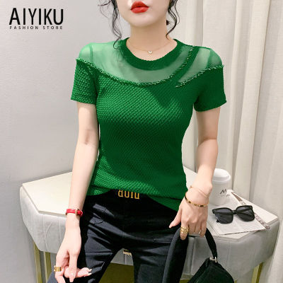 AIYIKU 2023 New Slim Fit Simple Beaded Short Sleeve T-Shirt Womens Fashion Cutout Versatile Lace Top S to 3XL Sizes