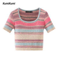 KUMI เสื้อยืดลำลองลายทางแขนสั้นสำหรับผู้หญิงของ ฤดูร้อน