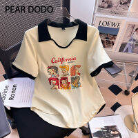 PEAR DODO เสื้อยืดแขนสั้นคอโปโลพิมพ์ลายการ์ตูนเกาหลีสำหรับผู้หญิง