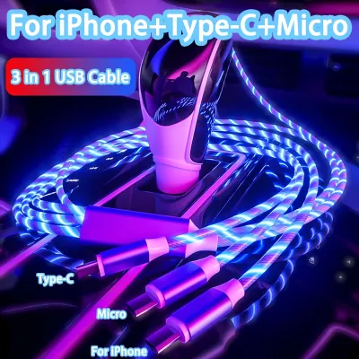 3 in 1 Glowing LED Light 3A Fast Charging Micro USB Type C Cable For iPhone Samsung Xiaomi Redmi Huawei Phone Charger USB Cables