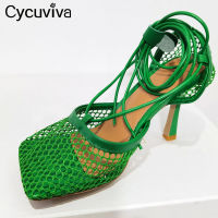 Women Sandals Network Mesh Ladies High Heel Shoes Square Toe Ankle Strap Summer Sandalias y Green Party Shoes Women