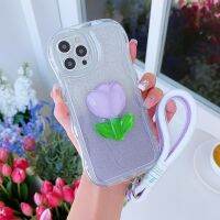 เคสนิ่มซิลิโคนกลิตเตอร์ลายดอกไม้3D น่ารักพร้อมเชือกเคสโทรศัพท์แบบใสสำหรับ iPhone 14 13 11 12 Pro Max X XS XR 7 8 Plus SE