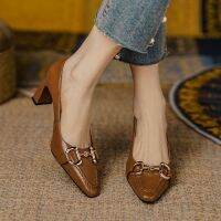 coach shoes French small square metal buckle single female temperament shallow mouth thick with high heels shoes retro brown leather shoes