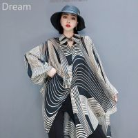 Fashion shirt top Korean style striped chiffon shirt loose large size womens fashion thin sunscreen clothing V729