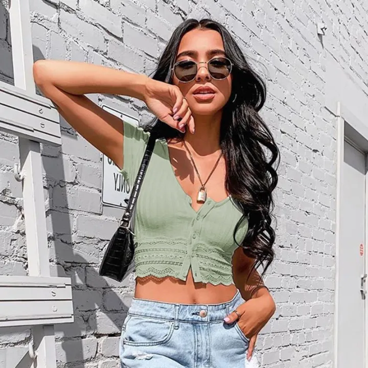 Moderntime Tiktok style Women Simple BM Style Crop Top T-shirts Summer  Short Sleeve Casual Streetwear Pure Tees Lace T-shirts | Lazada PH