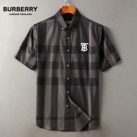 Burberreis เสื้อเชิ้ตแขนสั้นผู้ชายลายสก๊อตปักคลาสสิกเสื้อเชิ้ตลำลองธุรกิจอังกฤษ