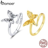 BAMOER Authentic 925 Sterling Silver Cute Butterfly Adjustable Finger Rings, 14K Gold Plated Adjustable Ring 2 Colors