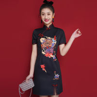 FONELY FAIRY Summer Cheongsam Black Print Vintage Stand CollarMini Dress 2022Modern Vintage Chinese Style Vintage Stand Collar