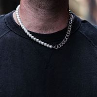 Plated Half 10mm miami cuban link chain and half 8mm pearls choker necklace for Men and Women in Stainless Steel